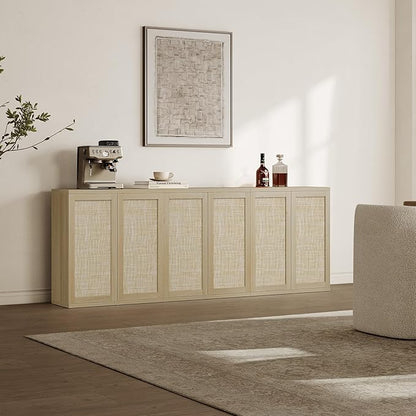 SICOTAS Rattan Sideboard Buffet Storage Cabinet - Farmhouse Boho Coffee Bar Cabinet with Adjustable Shelves, Large Console Table Credenza Stand for Living Room, Dining Room, Entryway, 3 PCS