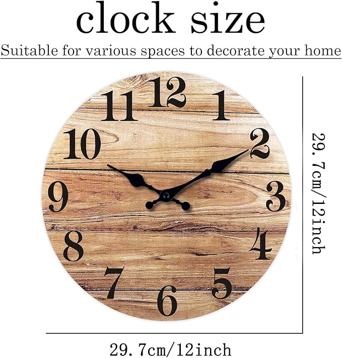 XNM Round Wood Wall Clock for Kitchen 12 Inch Farmhouse Small Wall Clocks Battery Operated Brown Wall Clock Silent (MDF No Solid Wood)