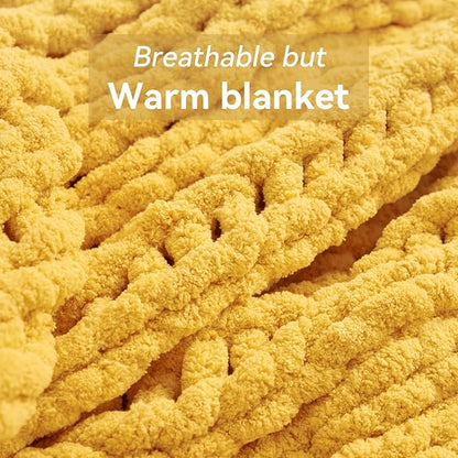 Chunky Knit Throw Blanket, 30''*40'' Knitted Throw Chenille Yarn for Bed Couch, Handmade Yellow Crochet Big Thick Blanket, Machine Washable Cute Comfy Blanket for Home Decor