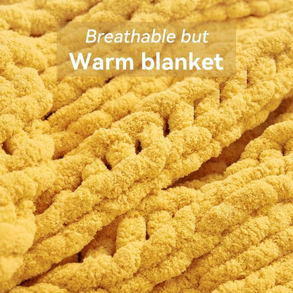 Negwoo Chunky Knit Throw Blanket, 80''*90'' Knitted Throw Chenille Yarn for Bed Couch, Handmade Yellow Crochet Big Thick Blanket, Machine Washable Cute Comfy Blanket for Home Decor
