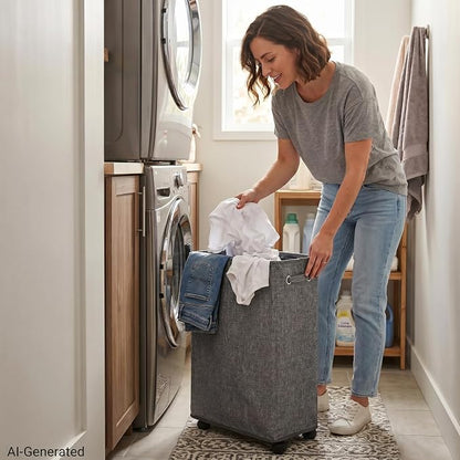 DOKEHOM 25-Inches Slim Laundry Basket on Wheels, Collapsible Rolling Laundry Hamper, Foldable Narrow Corner Clothes Storage Bins (Linen Grey)