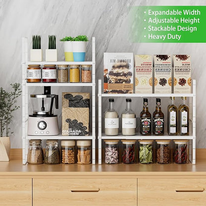 Expandable Cabinet Storage Shelf Stackable Organizer Rack for Kitchen Bathroom Pantry Spice Cupboard Countertop Home Office Desk Heavy Duty Nonslip White Small 3 Pack