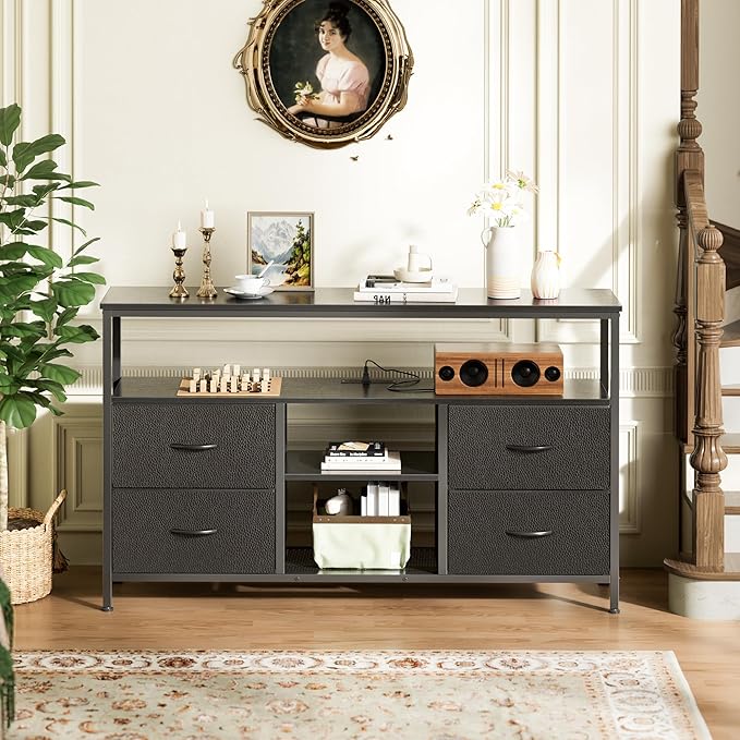 Huuger 47 Inch TV Stand Dresser with Power Outlets and LED Lights, Fabric Dresser for Bedroom with Storage, 4 Drawers Entertainment Center with Open Shelf, Media Console for 55 50 Inch TV, Black