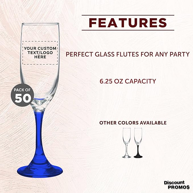 DISCOUNT PROMOS Custom Premiere Champagne Flutes 6.25 oz. Set of 50, Personalized Bulk Pack - Elegant Drinkware for Weddings, Events, & Promotional Gifts - Blue
