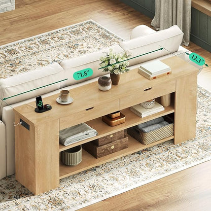 71.8" Extra Long Console Table, Farmhouse Entryway Table Behind Couch with Generous Storage and Built-in Outlet, Sturdy Sofa Table for Living Room, Entrance, Hallway, Foyer, Natural Wood