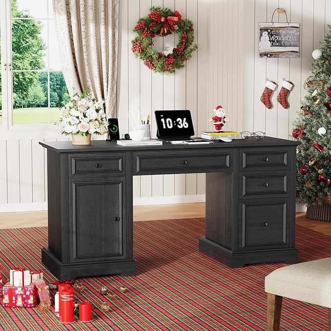Vipbear 60" Executive Desk, Farmhouse Computer Desk with Drawers and File Cabinet, Embossed Texture Home Office Desks, Workspace for Work Study Writing, Black