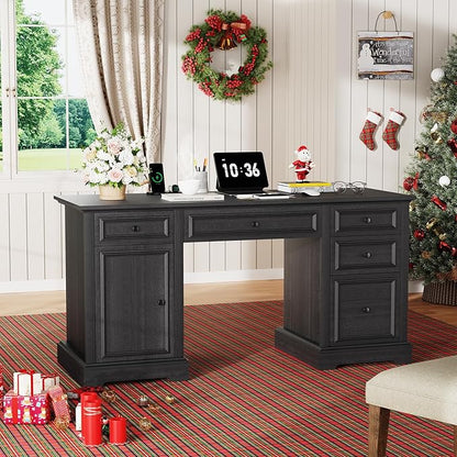 Vipbear 60" Executive Desk, Farmhouse Computer Desk with Drawers and File Cabinet, Embossed Texture Home Office Desks, Workspace for Work Study Writing, Black
