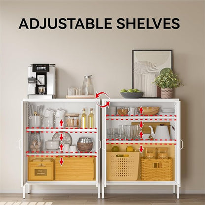 COFaR White Metal Storage Cabinet, 40” Kitchen Buffet & Coffee Bar Cabinet with Adjustable Shelves, 3-Tier Steel Organizer with Magnetic Doors, Sideboard for Dining Room, Home Office