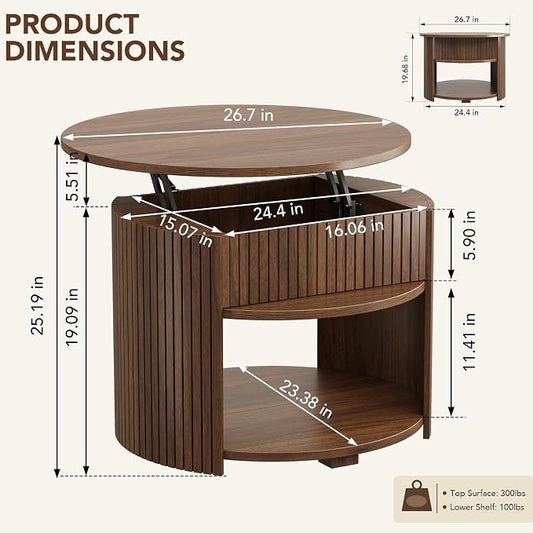 Decofy Round Lift Top Coffee Table with Storage, Fluted Mid-Century Modern Coffee Tables for Living Room, with Hidden Compartment & Open Shelves, for Small Spaces & Home Office(26.77" Walnut)