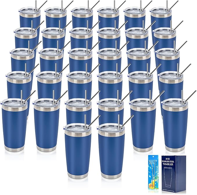 IEOVIEE 32 Pack, 20oz Stainless Steel Bulk Tumblers with Lids and Straws, Double Wall Insulated Travel Coffee Mug, Durable Powder Coated Tumbler Bulk Cup for Cold and Hot Drinks(Dark Blue)