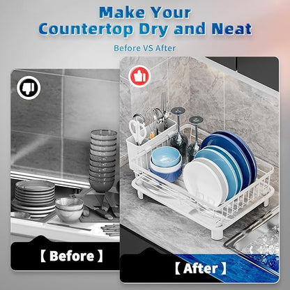 Dish Drying Rack, Stainless Steel-Dish Rack, Dish Racks for Kitchen Counter, Kitchen Dish Drainers with Removable Utensil Holder,New drain outlet,Plate Rack and Drainboard,(White-11" W x 15" L)