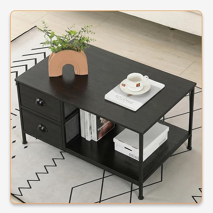 SENIG Coffee Table with Drawers, Coffee Table for Living Room, 2-Tier Coffee Tables with Storage Drawers，Oak Coffee Tables for Small Spaces, Rectangle Wood Table, Metal Side End Table
