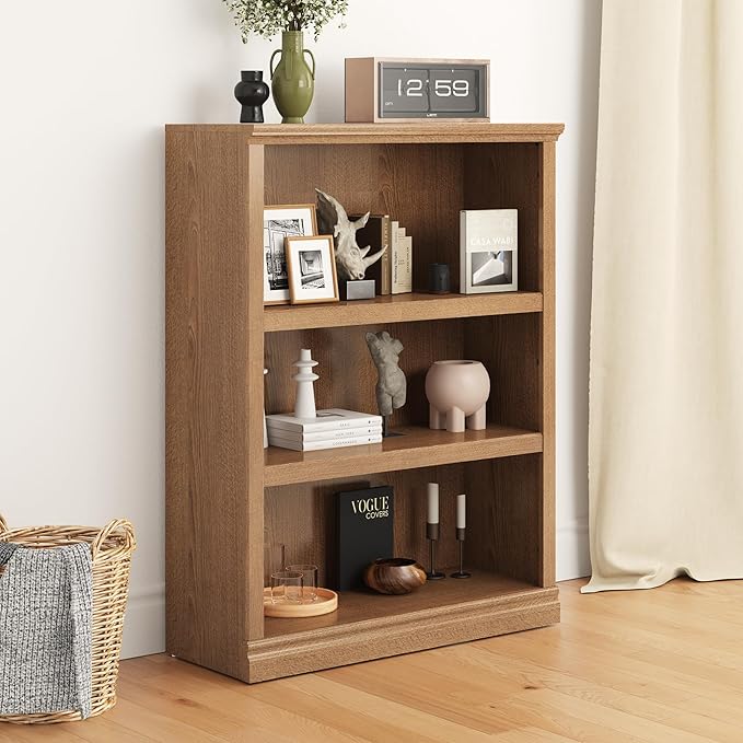 43 in Tall Bookcase, 3-Tier Bookshelf Open Storage, 33 inch Wide Floor Standing Indoor Furniture, Book Cases for Home School Library Office Bedroom Kids, Oak 3 Tiers