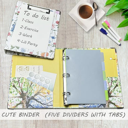 Mini 3 Ring Binder 1 Inch for 5.5"x8.5" Paper, Small Three Ring Binders with Clipboard,5-Tab Dividers,Interior Pocket, Spine ID Label Holder, BVSSX A5 Binder with Pen Holder,Season Tree
