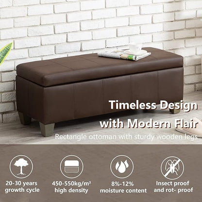 41" Storage Ottoman, Storage Bench with Safety Hinge, Upholstered Synthetic Leather Ottoman Bench for Bedroom, Living Room, Entryway, Hallway, Foot Rest, Support 500lbs, Brown
