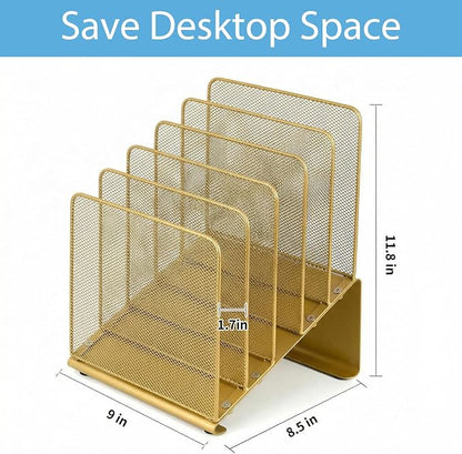 LEKETREE File Organizer for Desk, File Folder Organizer with 5-Section Vertical Rack, Suitable for Home Office Document Organization and Storage(Gold)