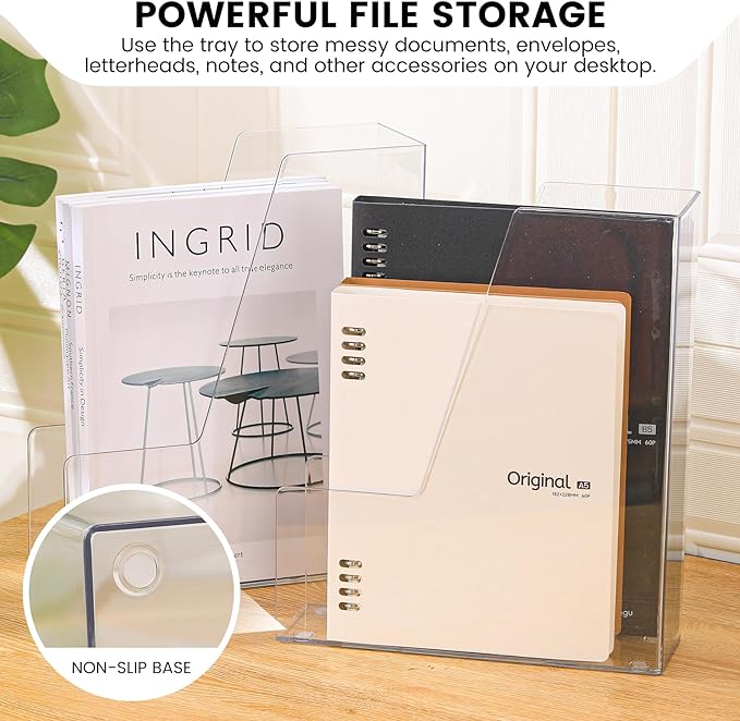 Vertical File Holder, PET Desk Organizer, Multi-purpose Plastic Document Storage Bins for Magazines, Binders, Notebooks, Envelopes, 2 Pack