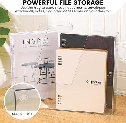 Vertical File Holder, PET Desk Organizer, Multi-purpose Plastic Document Storage Bins for Magazines, Binders, Notebooks, Envelopes, 2 Pack