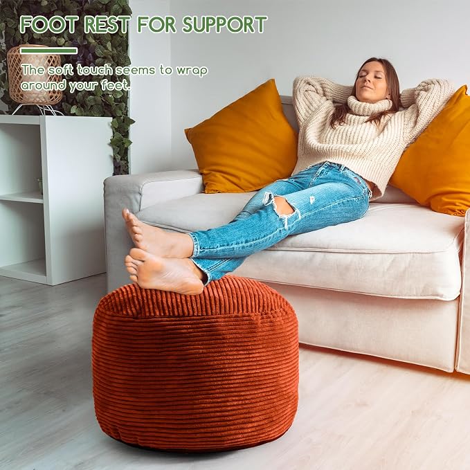 HIGOGOGO Round Stuffed Pouf Ottoman, Corduroy Poufs with Foam Chunk Filling, Furry and Fluffy Pouf Foot Stool Storage Ottoman, 20 X 15 Floor Poufs Foot Rest for Living Room, Terra Cotta
