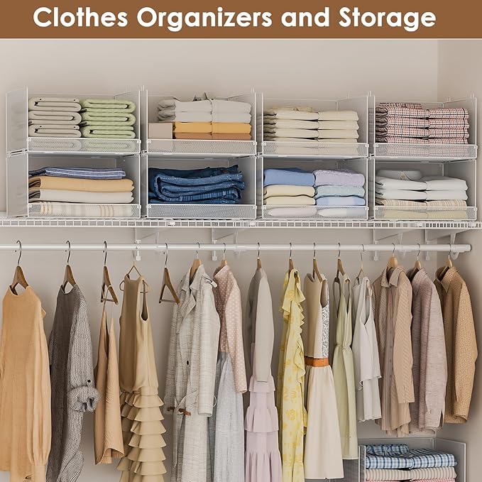 4-Tier Stackable Closet Organizers and Storage Shelves, Foldable Closet Shelf Organizer, Stackable Storage Bins Drawers for Closet Organizer System, White(Patent Pending)