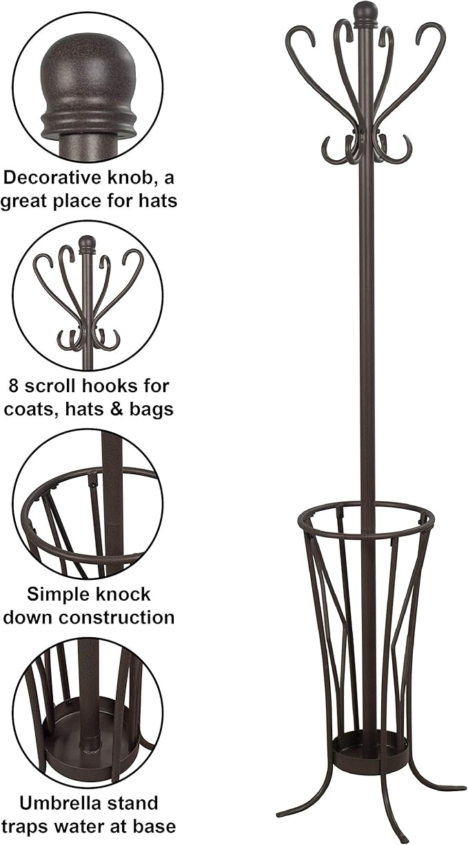 Elegant Metal Coat Rack with Umbrella Stand (Antique Finish): Enhance Your Entryway with a Stylish Storage Solution | Sturdy Design and Functional Storage