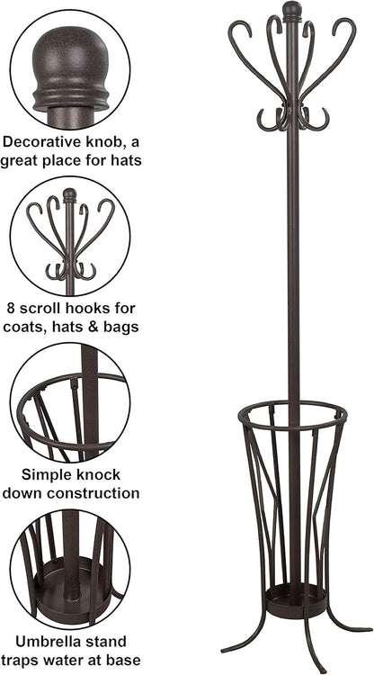 Elegant Metal Coat Rack with Umbrella Stand (Antique Finish): Enhance Your Entryway with a Stylish Storage Solution | Sturdy Design and Functional Storage