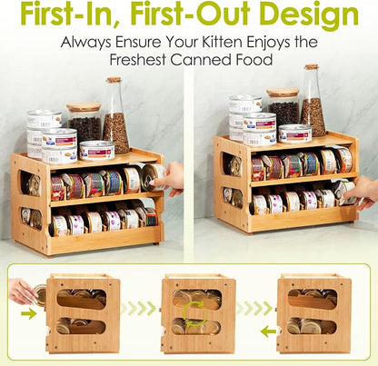 Coanto Cat Food Can Organizer for Pantry, Bamboo 2-Tier FIFO Rotating Can Dispenser, Holds 36 (3oz) Wet Cat Food Cans, Stackable Storage Shelf for Kitchen Cabinet