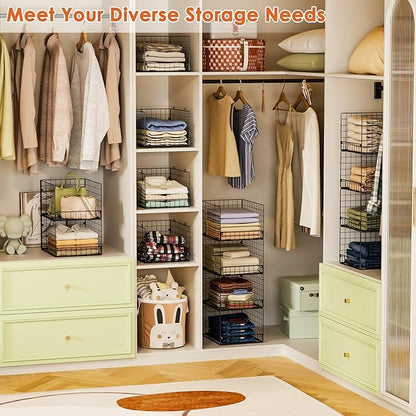 5-Tier Stackable Closet Storage Baskets, Closet Organizers and Storage Shelves, Foldable & Stackable Clothes Storage Bins for Closet System, Closet Shelf Organizer for Home,Black(Patent No. 30022416)