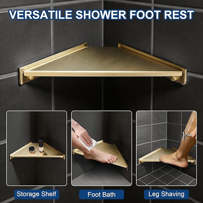 Corner Shower Foot Rest for Shaving Legs, Wall Mounted Shower Step & Shower Shelf 2 in 1, Stainless Steel Shower Foot Ledge, Heavy Duty Corner Shelf for Bathroom, Space Saving Design,Brushed Gold
