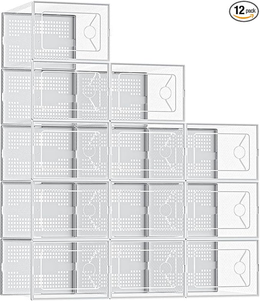 Sweetcrispy Shoe Storage Boxes, Clear Plastic Stackable Shoe Rack Organizer with Lids for Closet, Foldable Sneaker Container, Under Bed and Entryway, 12 Pack, Clear White