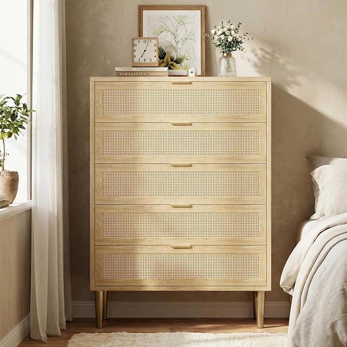 IDEALHOUSE Rattan 5 Drawer Dresser, 44''Tall Narrow Chest of Drawer, Farmhouse Wooden Vertical Dresser with Metal Legs and Handles, Modern Cabinet for Bedroom, Living Room, Oak