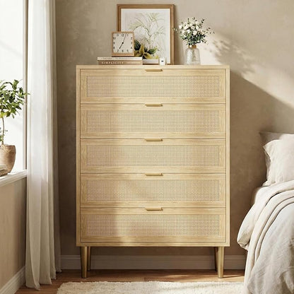 IDEALHOUSE Rattan 5 Drawer Dresser, 44''Tall Narrow Chest of Drawer, Farmhouse Wooden Vertical Dresser with Metal Legs and Handles, Modern Cabinet for Bedroom, Living Room, Oak