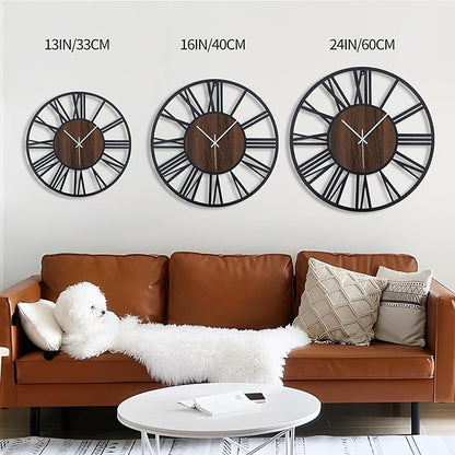 LEIKE Large Wall Clocks,Silent,Non Ticking,Battery Operated Small Vintage Round Modern Wood Wall Clock for Living Room, Bedroom,Kitchen,Farmhouse,Office Decor-13.5 Inch(Black-Roman Numerals)