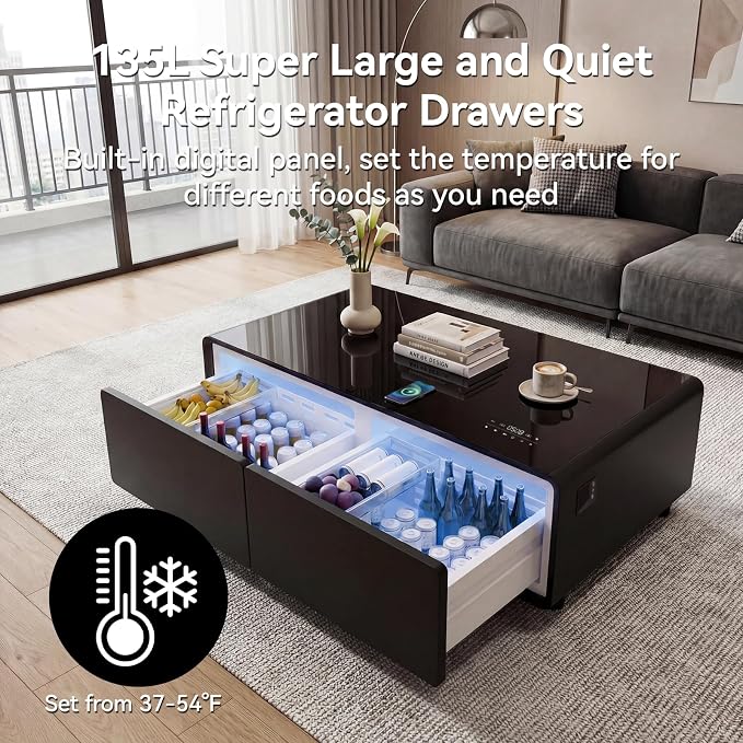 LIVTAB Smart Coffee Table, 27.8" D x 51" W x 18.1" H, Living Room Table with Built in Fridge and Speakers, Smart Table with 15W Wireless Charging, USB Chargers and 110V Outlets (Black)
