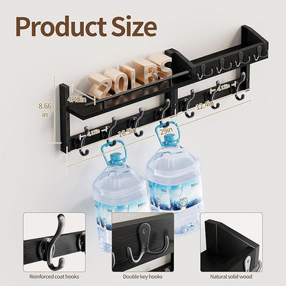 29 inch Coat Rack Wall Mount with Shelf, Set of 2 Heavy Duty Coat Hooks Wall Mount, Entryway Coat Hanger Wall Shelf with Key Holders and Mail Organizer for Living Room, Bedroom, Bathroom, Black