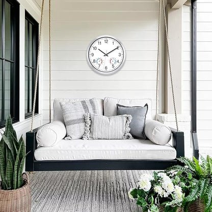 Caysie 12 Inch Sealed Indoor Outdoor Clocks Waterproof with Thermometer and Hygrometer Combo, Silent Battery Operated Quartz Wall Clock for Patio Pool Bathroom Outside Home (Silver)