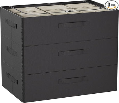 CYhom 3Pcs Under Bed Storage Bins with Metal Frame - Shoe Organizer for Closet with Clear Cover Oxford Fabric Sturdy Underbed Container Foldable Stackable Clothes Organizer (Black, 23.5x15.7x6.3)