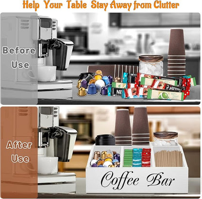 ugiftt Coffee Station Organizer for Counter, Wood Coffee Pods Holder Storage Basket, Tea Condiment Storage Organizer, Rustic Wood Bar Decor for Accessories