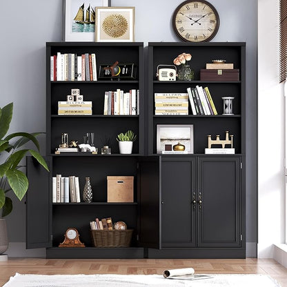 BORNOON 71.4" Tall Bookshelf with Cabinet, 5-Tier Floor Standing Bookcase with Doors & Adjustable Shelves, 31.5" Wide Storage Shelf, Metal Handles, Modern Organizer for Home Office, Living Room