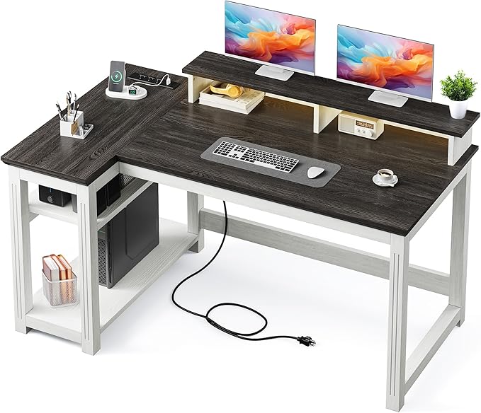 EnHomee 47.3" Computer Desk with Monitor Stand & LED Lights, Farmhouse Office Desk with Power Outlet & Storage Shelves for Home Office, Wood Computer Table for Bedroom Work, Metal Frame,White
