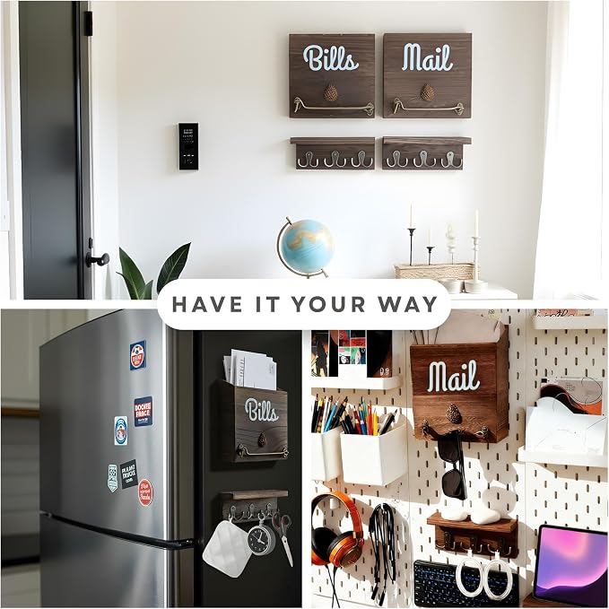 eBun Narrow Wood Mail Holder 2-Pack with 12 Key Hooks | Wall Mount, No-Drill Magnetic, Vertical Mail & Bills Slot, Entryway Decor