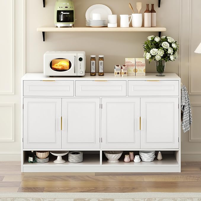 Sideboard Buffet Cabinet with Storage, 59.1" Multi-Functional Sideboard Cabinet with 3 Drawers & 4 Doors, Buffet Table with Adjustable Shelf for Dining Room, Living Room, Entryway, White