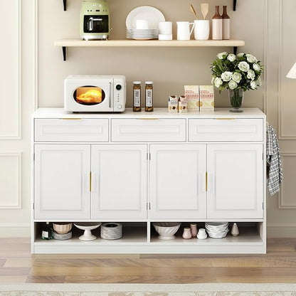 Sideboard Buffet Cabinet with Storage, 59.1" Multi-Functional Sideboard Cabinet with 3 Drawers & 4 Doors, Buffet Table with Adjustable Shelf for Dining Room, Living Room, Entryway, White