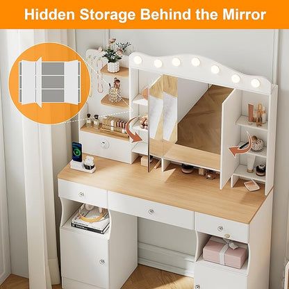 43" Large Vanity Desk with Mirror and Lights, Tri-Fold Mirror Makeup Vanity Table with LED Bulbs, Hidden Storage Drawers & USB Ports, Natural Wood and White Design, Modern Farmhouse Vanity for Bedroom