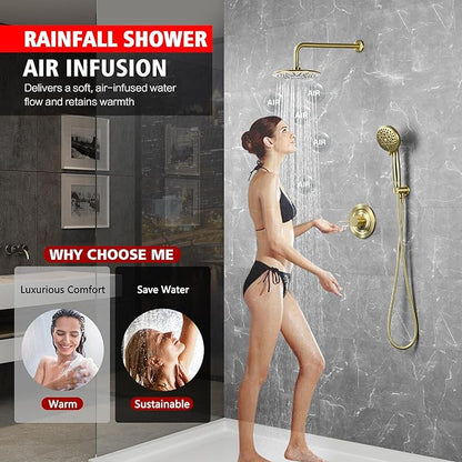 sumerain Brushed Gold 9 inch Rain Shower System with Filtered Handheld Shower Head for Hard Water, Rough-In Valve Included
