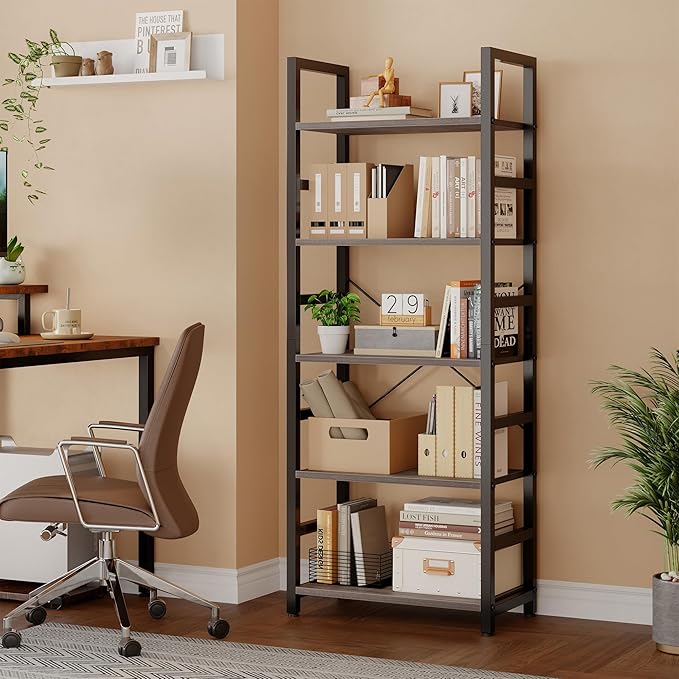 DUMOS 5-Tier Bookshelf, Modern Tall Bookcase, Open Storage Display Shelf for Living Room, Bedroom, Home Office, Narrow Standing Shelving Unit for Books, CDs, Décor，Wood Grey