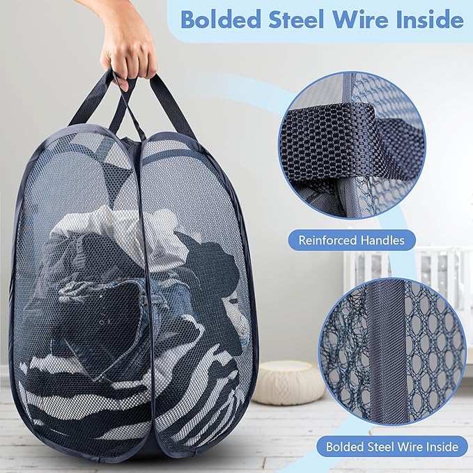DUCOO Pop Up Laundry Hamper, 70L Collapsible Mesh Laundry Basket with Side Pocket, Foldable Dirty Clothes Hamper with Sturdy Reinforced Handles for Home Dorm Bedroom Travel Storage, Blue, 2Pack