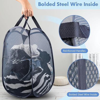 DUCOO Pop Up Laundry Hamper, 70L Collapsible Mesh Laundry Basket with Side Pocket, Foldable Dirty Clothes Hamper with Sturdy Reinforced Handles for Home Dorm Bedroom Travel Storage, Blue, 2Pack