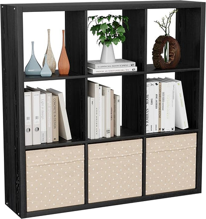 Cube Storage Organizer Bookcase, Decorative 11 inch Open Back Cubical Shelf with Thickened Border, Display Bookshelf for Living Room, Home Office, Sturdy Room (Black, 9 Cube)