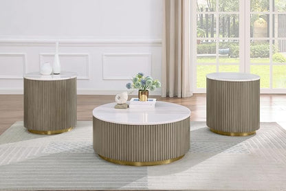 Coaster Home Furnishings - Jason - Wood and Metal - 3-Piece Coffee Table Set with Marble Tops, Reeded Drum Bases, and Gold Ring Accents - Living Room - Greige and White Marble - 711418-S3